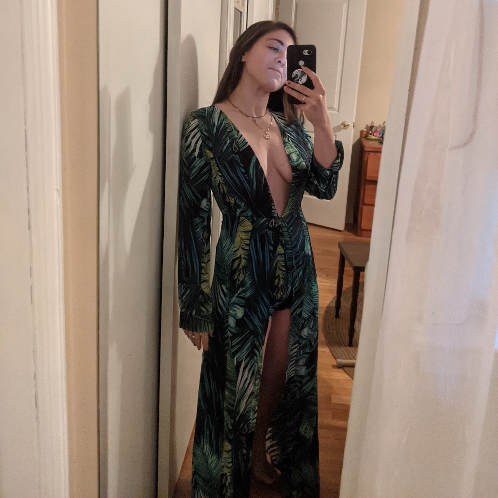 JLO Versace style plunge tropical maxi romper